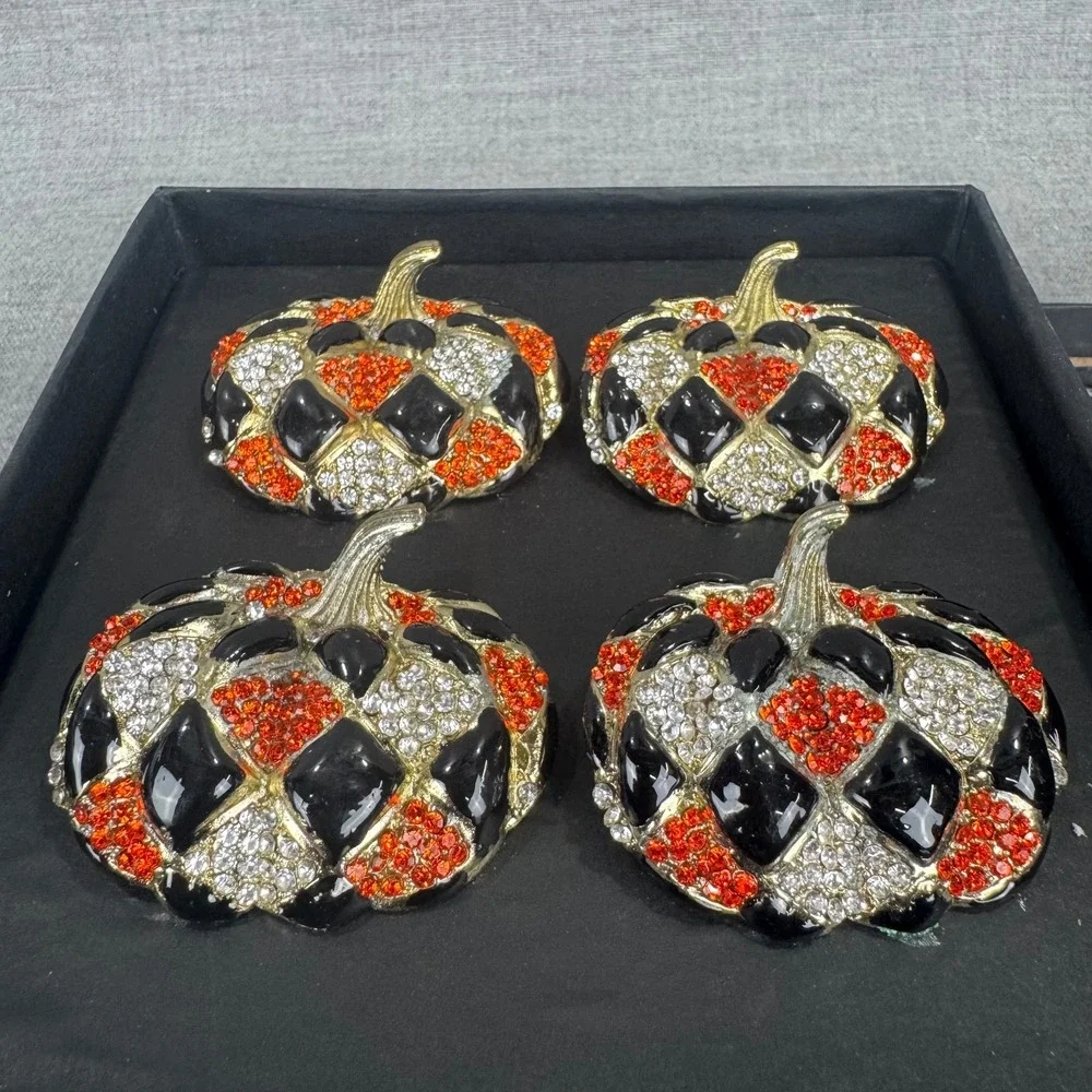 Tahari Home Pumpkin Napkin Rings Set of 4 Rhinestone Black Orange Gold Halloween